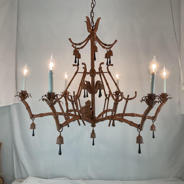 1960s Whimsical Chinoiserie Faux Bamboo Monkey Chandelier With Black Teardrop Accents For Sale - Image 16 of 16