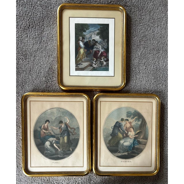 Antique set of three classic Italian lithographs in very fine quality curved corner gilt wood frames. Original label from...