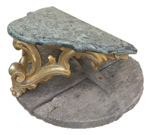 Florentine Gilt Shelves in Carved Wood with Green Val d'Aosta Marble Surfaces, Set of 2