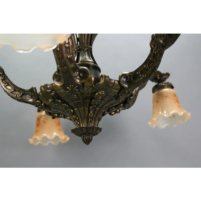 Art Deco Five-Light Bronze and Glass Floral Motif Chandelier, 1920s For Sale - Image 6 of 18