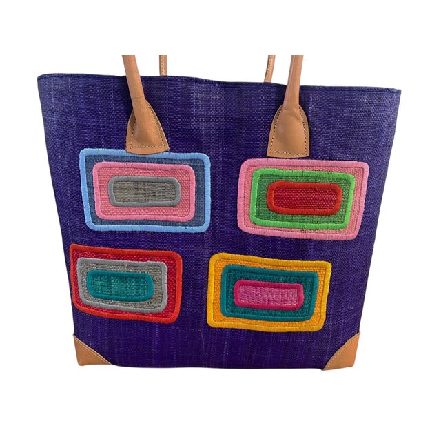 Boho Chic Sewn & Embroidered Large Raffia /Leather Tote Bag Madagascar For Sale - Image 3 of 6