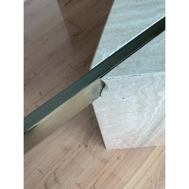 Stellar Vintage Italian Travertine Single Diamond Base Glass Dining Table For Sale - Image 10 of 11