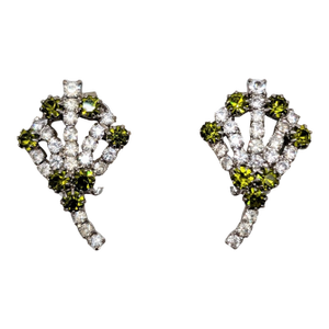 Vintage 1960s Signed Hobe Silvertone Faux-Peridot & Clear Rhinestone Clip Earrings- 2 Pieces