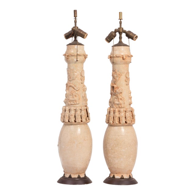 Chinese Song Yuan Dynasty 13th 14th Century Qinghai Funerary Pottery Jars Mounted as Lamps a Pair For Sale