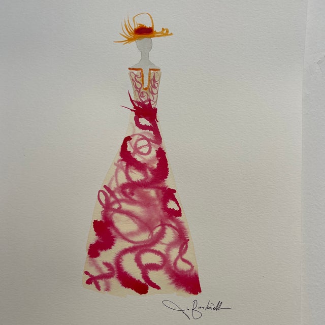 Ink Wash Original by Jo Baskerville Signed on the reverse Hot Pink , gold , white and light pink JO BASKERVILLE Jo...
