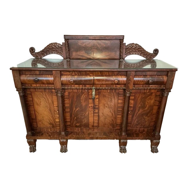 Antique American Empire Carved Flame Mahogany Sideboard With Lion Paw Feet For Sale