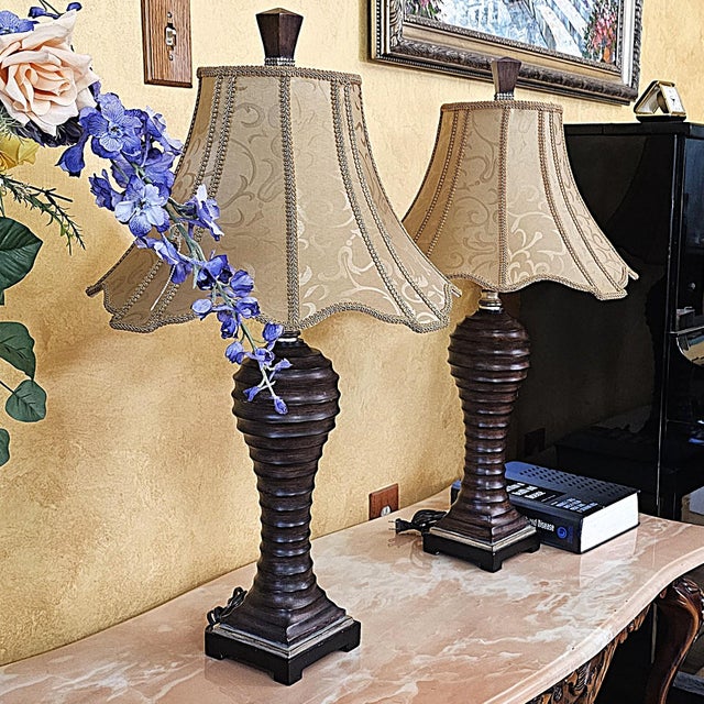 Vintage Uttermost Carved Wood-Finish Urn Table Lamps With Damask Shades – Pair For Sale - Image 9 of 18