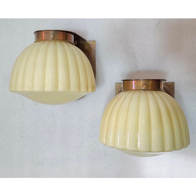 Art Deco Pair Vintage Art Deco Light Old Lamp Wall Sconces Fixture Brass & Ribbed Cream Milk Glass Shade Lamp Ship Light For Sale - Image 3 of 8