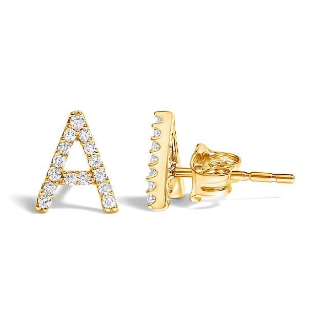 Contemporary 10K Yellow Gold 1/10 Cttw Diamond 'A' Initial Stud Earring For Sale - Image 3 of 5