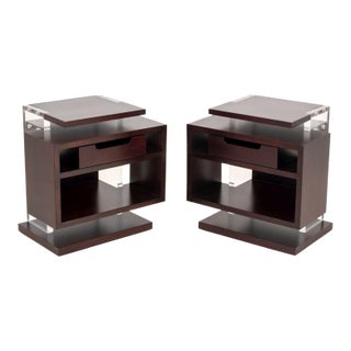 Modern Mahogany and Acrylic End Tables, Pair For Sale