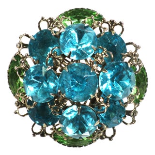 Vintage Aqua & Peridot Crystal Brooch 1950s For Sale