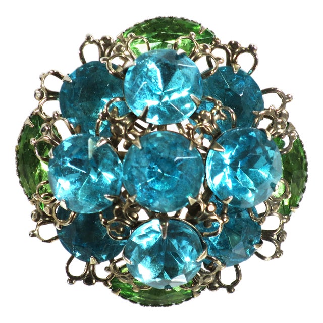 Vintage Aqua & Peridot Crystal Brooch 1950s For Sale