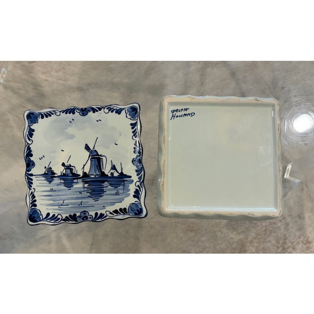 Blue Vintage Delft Blue Holland Hand-Painted Windmill Lidded Trinket Box For Sale - Image 8 of 12
