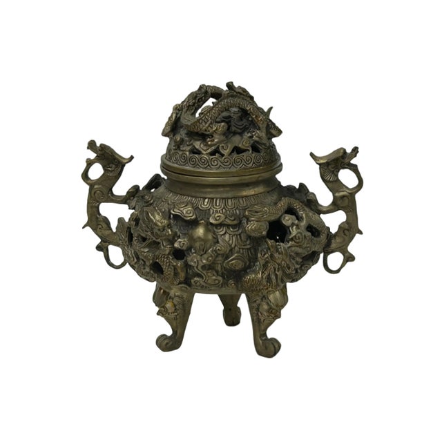 Vintage Bronze Color Metal Dragons Tri Legs Ding Incense Burner Art For Sale In San Francisco - Image 6 of 14