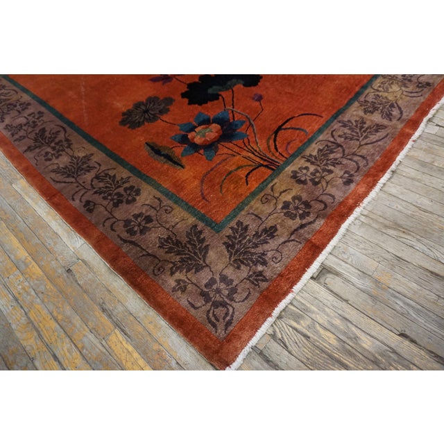1920s Orange Floral Modern Antique Chinese Art Deco Rug 7' 10"x11' 6" Hand Knotted Carpet For Sale - Image 10 of 13