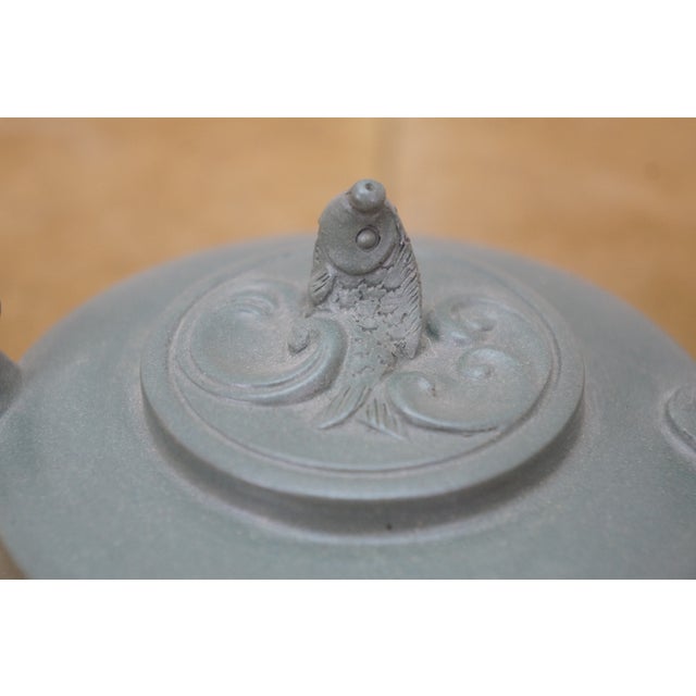 Vintage Chinese Yixing Zisha Green Clay Dragon Koi Fish Kung Fu Teapot 5.5" For Sale - Image 9 of 15