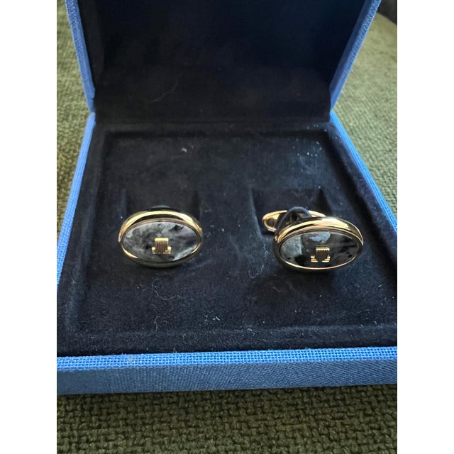 “LANVIN" Vintage Cufflinks Labradorite Stone Gold Plate, Original Case, Circa 80 - a pair For Sale - Image 10 of 12