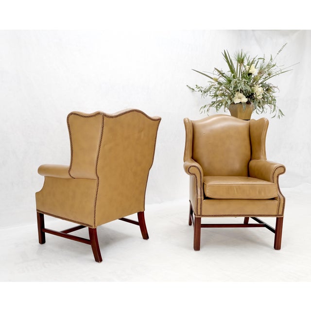 Pair of Tall Tan Leather Wing Chairs on Solid Mahogany Stretcher Base Mint! For Sale - Image 12 of 17