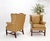 Pair of Tall Tan Leather Wing Chairs on Solid Mahogany Stretcher Base Mint! For Sale - Image 12 of 17