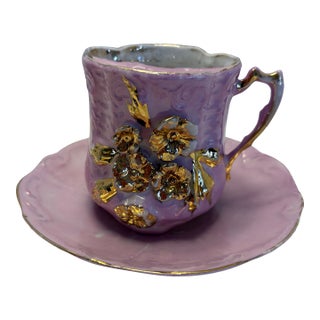 Antique Victorian Rose Pink Porcelain Tea Cup & Saucer | Holds 10–12 Oz Applied Floral Relief | Gilded For Sale