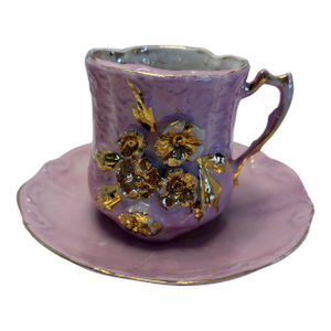 Antique Victorian Rose Pink Porcelain Tea Cup and Saucer | Holds 10–12 Oz Applied Floral Relief | Gilded