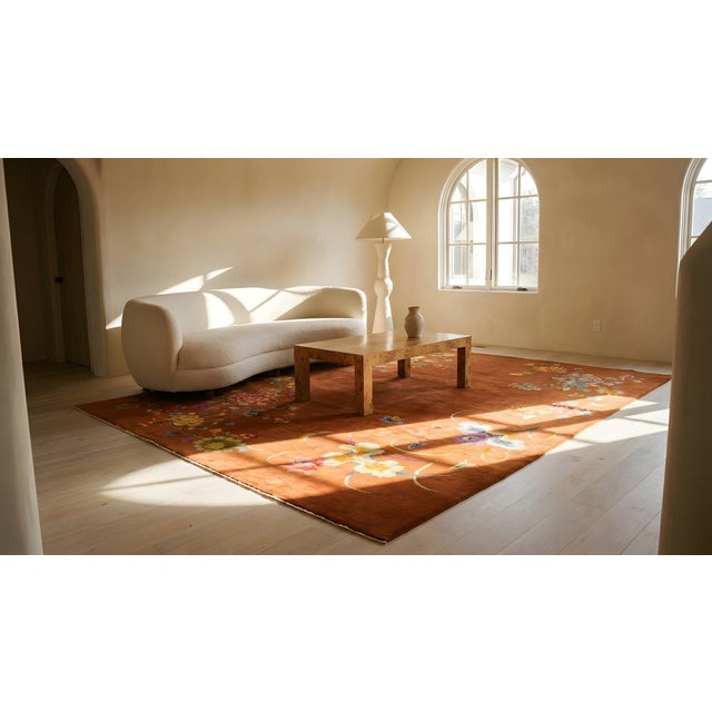 Textile 1920s Orange Floral Antique Chinese Art Deco Rug 9' X 11'6" Handknotted Wool Carpet For Sale - Image 7 of 9