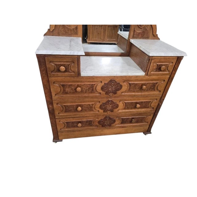 Victorian Antique Victorian Eastlake Marble Top Dresser With Mirror – Walnut & Burled Wood For Sale - Image 3 of 7