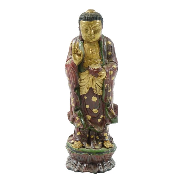 Early 20th Century Painted & Carved Wooden Buddha For Sale