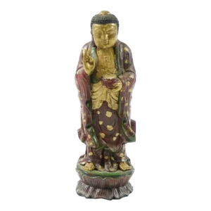 Early 20th Century Painted & Carved Wooden Buddha