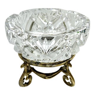 1960s Hollywood Regency Cut Crystal & Brass Ashtray Trinket Dish For Sale