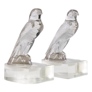 René Lalique Falcon Car Mascot Clear Glass Mounted Bookends - Pair For Sale
