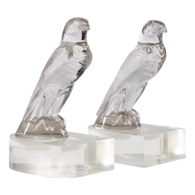 René Lalique Falcon Car Mascot Clear Glass Mounted Bookends - Pair For Sale