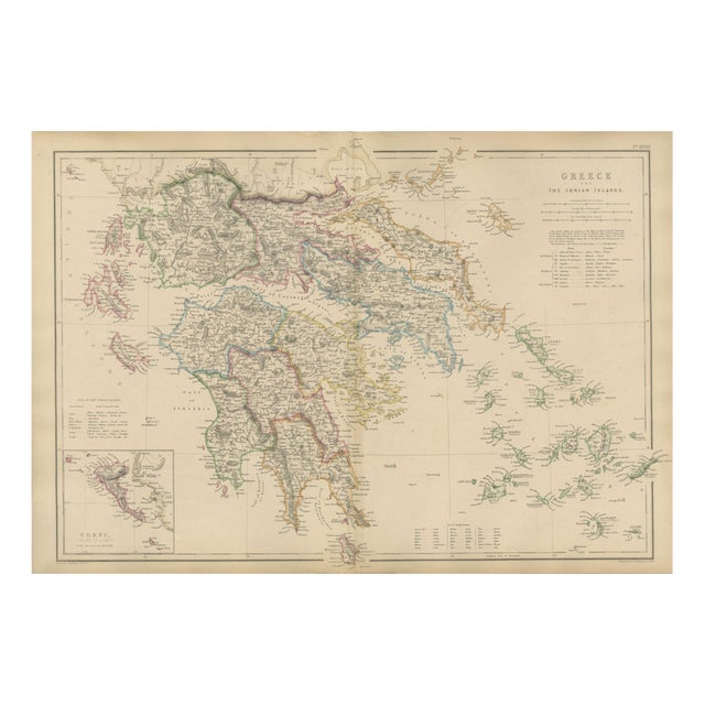 Antique Hand-Colored Map of Greece and Ionian Islands, 1860 For Sale