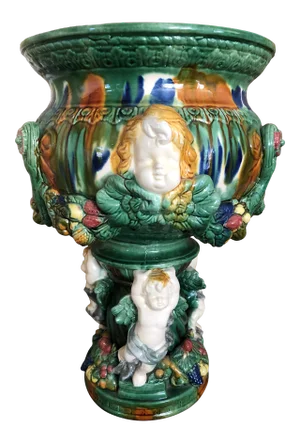 Vintage Neoclassical Glazed Ceramic Pedestal Jardiniere with Cherub Motif