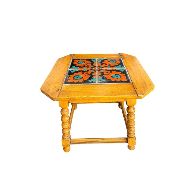 Vintage California Tile Top Side Table – Spanish Revival Style A beautifully styled vintage side table featuring a ceramic...