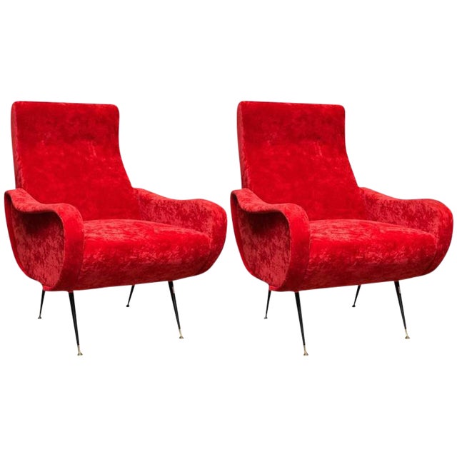 Zanuso Style Red Velvet Lounge Chairs a Pair Chairish