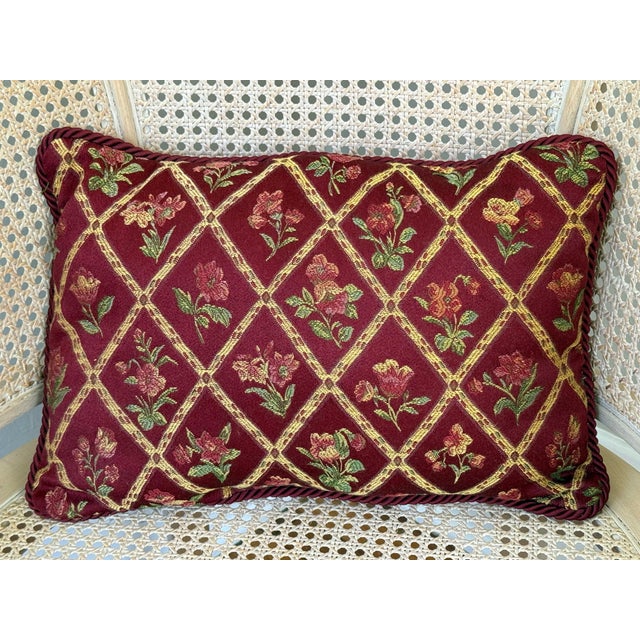 Textile Late 20th Century Burgundy Floral Trellis Tapestry Lumbar Pillow With Rope Trim For Sale - Image 7 of 7