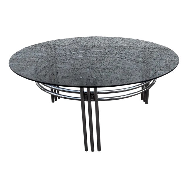Vintage Chromed Metal Frame Coffee Table with Round Smoked Glass Plate, 1970s For Sale
