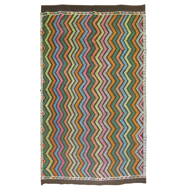 Colorful Mid-Century Turkish Jajim also known as Jijim. With the Jijim weaving technique, different colored threads are...