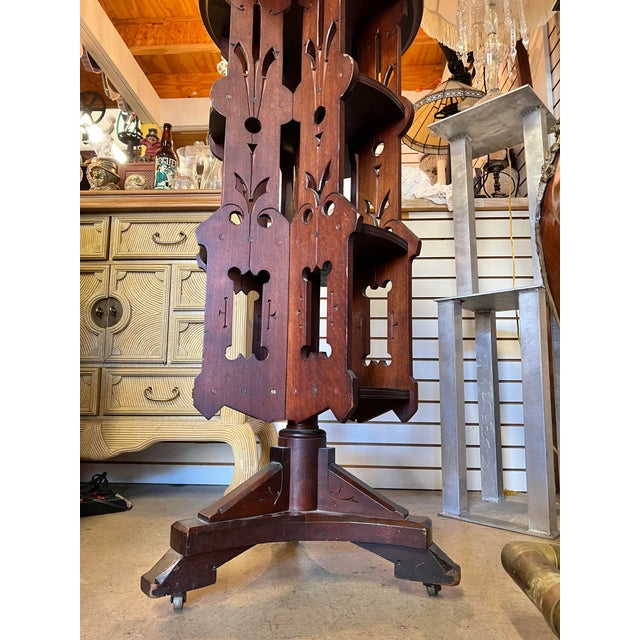 Early 20th Century Antique Walnut Wood Revolving Bookcase on Wheels For Sale - Image 5 of 7