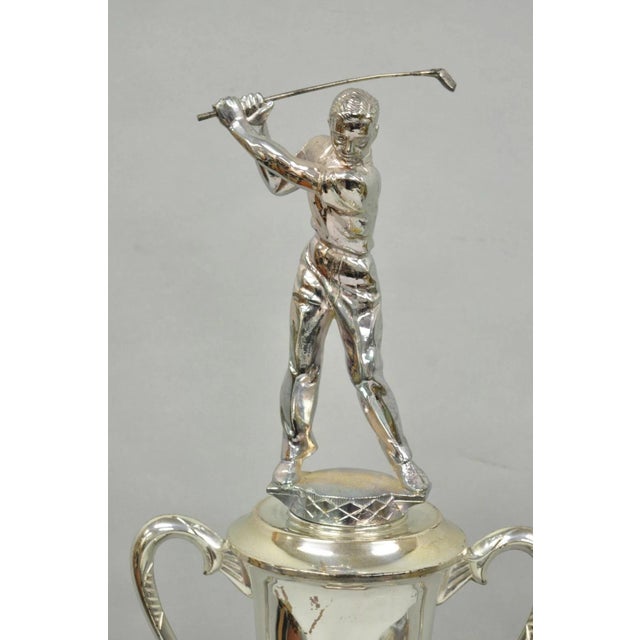 Art Deco Vintage 1970s Art Deco Silver Metal Marble & Wood Figural Golf Trophy Award Cup For Sale - Image 3 of 17