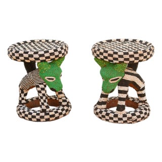 Pair of Vintage Beaded Bamileke Leopard Stools For Sale