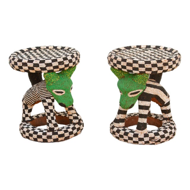 Pair of Vintage Beaded Bamileke Leopard Stools For Sale