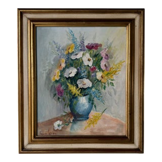 Vintage Frances Losier Floral on Vase Still Life Oil Painting on Masonite Board - Framed For Sale