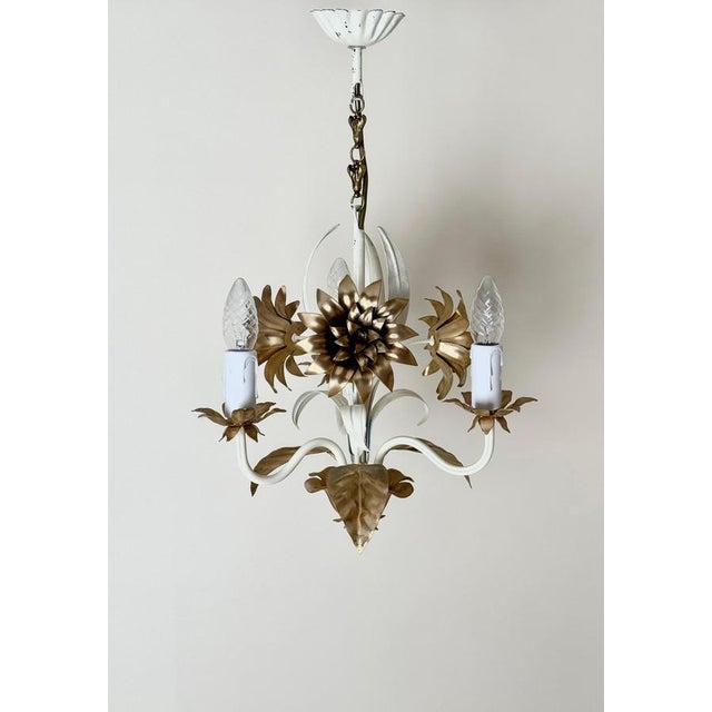 Metal Hollywood Regency Cream and Gilt 3-Arm Chandelier with Floral Details, 1970 For Sale - Image 7 of 15