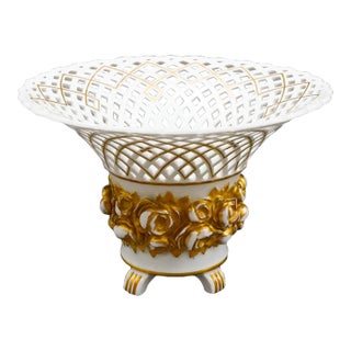 Vintage KPM White Gold Floral Porcelain Reticulated Basket Compote Pedestal Bowl For Sale