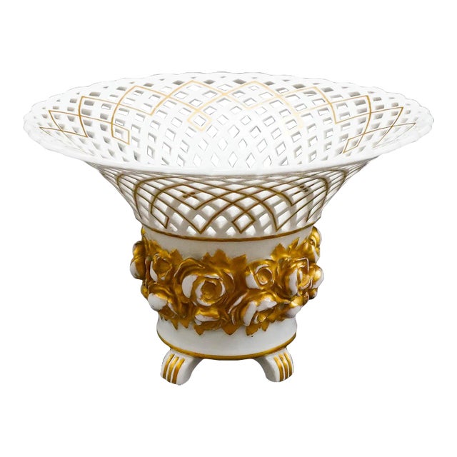 Vintage KPM White Gold Floral Porcelain Reticulated Basket Compote Pedestal Bowl For Sale