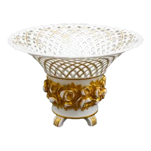 Vintage KPM White Gold Floral Porcelain Reticulated Basket Compote Pedestal Bowl