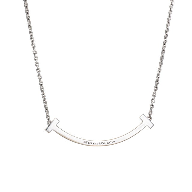 Modern Tiffany & Co T Diamond Smile Pendant Necklace 18k White Gold Fine Signed Jewelry For Sale - Image 3 of 4