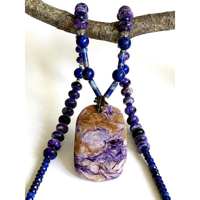 Statement Charoite and Lapis Lazuli Necklace With Sculptural Charoite Pendant a Wearable Work of Art For Sale - Image 17 of 18